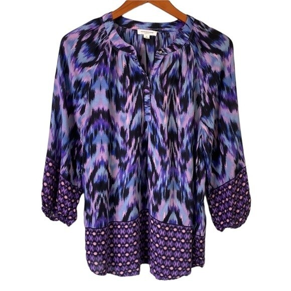 Beachlunchlounge Purple Ikat Boho V-Neck Popover Blouse Top Balloon 3/4 Sleeve - Picture 4 of 16